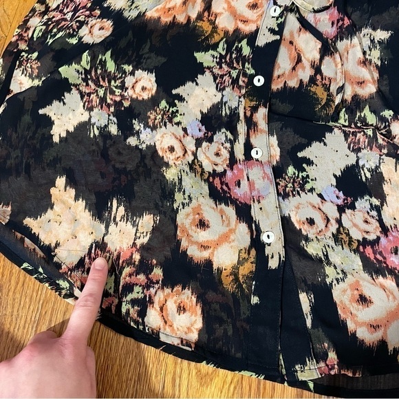 DANIEL RAINN Navy Blue Cream Ivory Multi Floral Tie Neck Button Down Tank Blouse - Picture 13 of 15